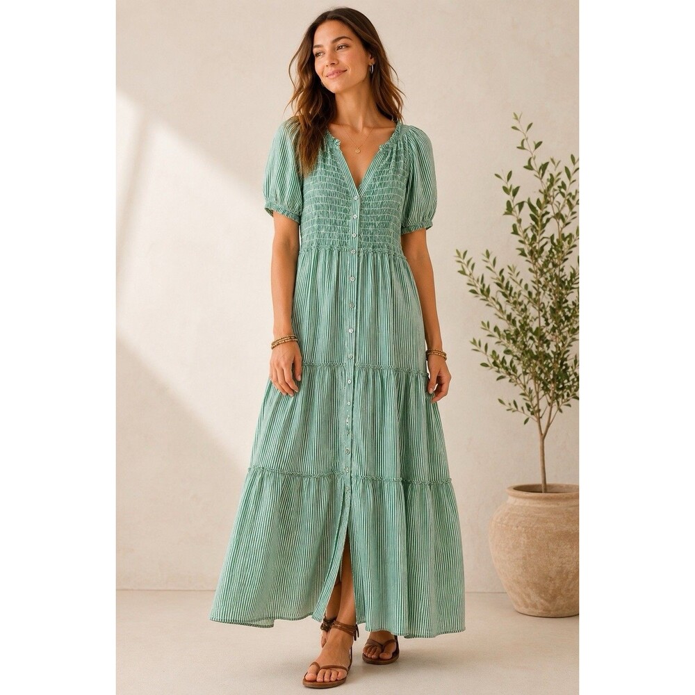 Sundance Smocked Button Maxi Dress S Green White Striped Tiered Cottage Boho